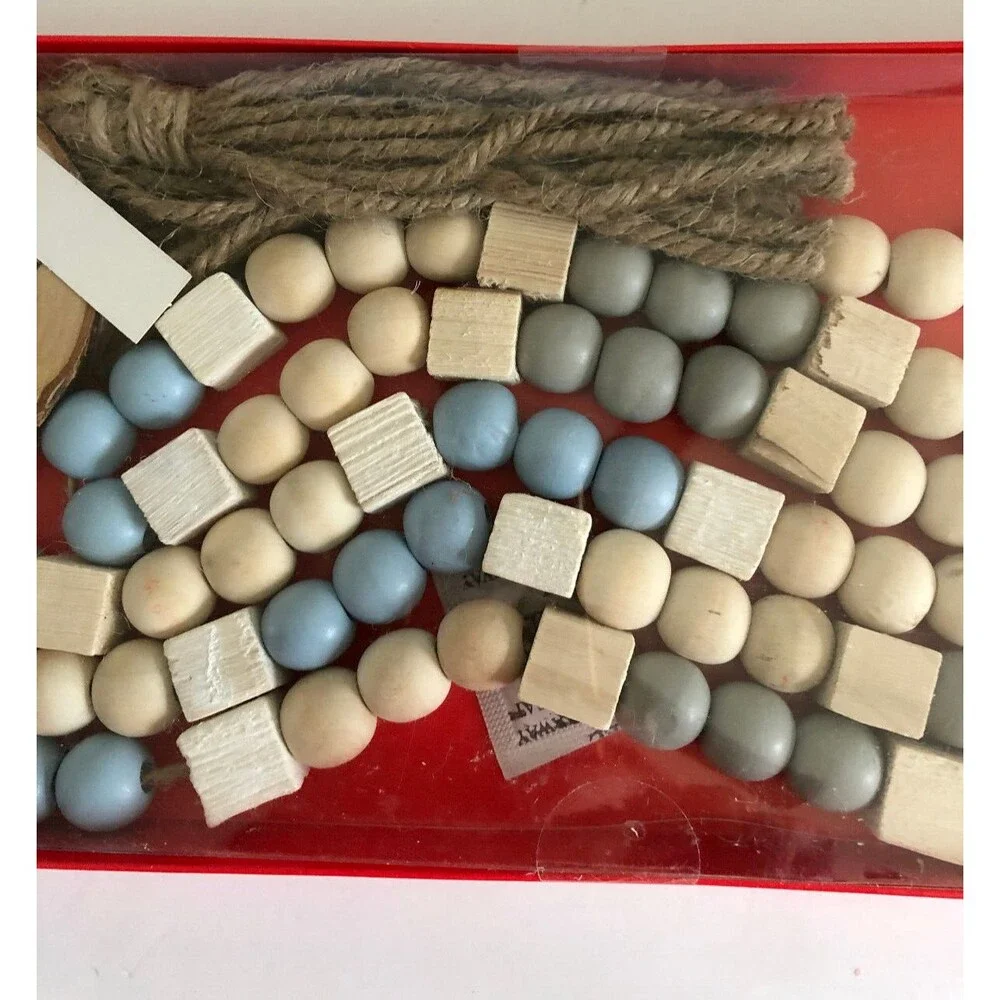 Martha Stewart Christmas Garland Wooden Beads Jute Tassels 6 Foot Joy Blue White